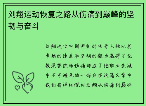 刘翔运动恢复之路从伤痛到巅峰的坚韧与奋斗